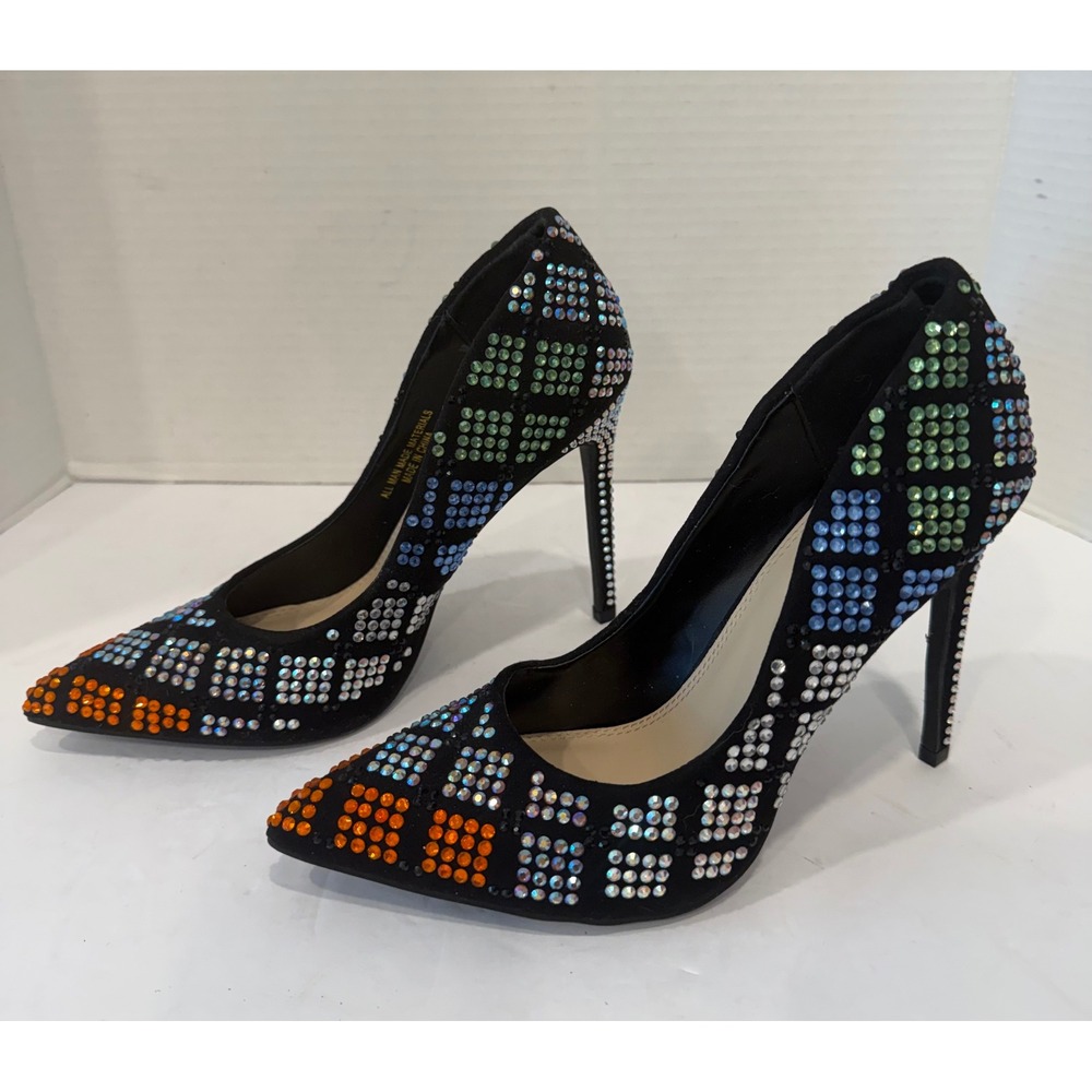 Vigo Fiore Black Multicolor Rhinestone Stiletto Pointed Toe Heel Pumps Sz 7